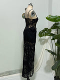 2026 Elegant Black Lace Spaghetti-Strap Maxi Dress Black Floral Lace Party Evening Gown Birthday Prom Vestidos
