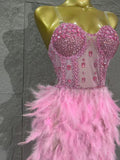 Sparkle Rhinestone Feather Sexy Mesh Long Dress Evening Party Birthday Performance Photoshoot Red Carpet Costume