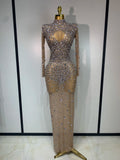 Women Sparkly Diamonds Mesh See Through Bodycon Dress Evening Birthday Party Sexy Nightclub Bar Stage Costume