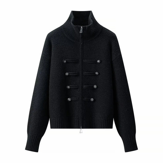 Women's Vintage Knit Cardigan Sweater Jacket Stand Collar Double Breaste Two Way Zipper Loose Street Coat Autumn Winter