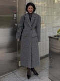 Grey Double-Breasted Long Coat with Notched Lapels