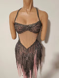 Singer Stage Nightclub Outfit Sexy Chic Gray Pink Glittering Beaded Fringed Halter Dress Performance Costume Dance Party