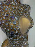 Women Sparkly Diamonds Mesh See Through Bodycon Dress Evening Birthday Party Sexy Nightclub Bar Stage Costume