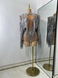 Sexy Mesh See Through Rhinestones Two Pieces Dress Coat Sets Women Sparkly Tassels Performance Singer Dancer Stage Costume