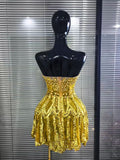 Luxury Sparkly Sequins Diamonds Mesh Gold Short Skirt Birthday Dress Women Sexy Dance Performance Costume Singer Stage Outfit