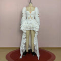 Fashion Style White Cutout Floral Accent Gown for Women Square Collar Puff Sleeve Asymmetric Train Skirt for Beach Elopement