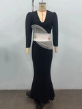 Women Celebrity Sexy Long Sleeve Patchwork Black Maxi Long Bodycon Bandage Dress 2024 Elegant Evening Club Party Outfit