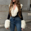 Women 2026 Fall Deep V Neck Furry Cuff Long Sleeve Short Jumpsuit Slim Fit Romper Shorts For Nightclub Date Evening Party Wear
