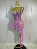 Women Sparkly Rhinestones Evening Prom Birthday Party Photoshoot Nightclub Stage Wear Sexy Mesh Ruffled See-Through Mini Dress