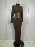 New Sexy Mesh See Through Brown Bodycon Long Sleeve Dress Women Celebrity Elegant Evening Party Luxury Birthday Fancy Club Gown