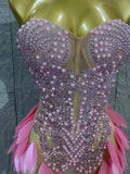 Strapless Rhinestone Evening Gown 3D Leaf Feather Appliques Sheer Mesh LongDress Prom Birthday Party Performance Formal Costume