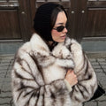 Ins Hot Blogger Fashion Striped Faux Fur Jacket for Women Winter Lapel Collar Fluffy Eco Fox Fur Coat Stylish Outerwear