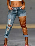 Women Skinny Jeans Ripped Chain Decor Cuffed Hem Slim Fit Streetwear Casual Fashion Denim Pants Autumn 2026 New