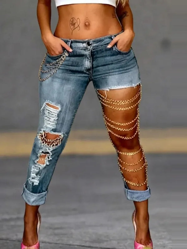 Women Skinny Jeans Ripped Chain Decor Cuffed Hem Slim Fit Streetwear Casual Fashion Denim Pants Autumn 2026 New