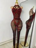 Sparkly Diamonds Women Long Sleeveless See Through Mesh Tight Jumpsuit Costume Nightclub Dancer Outfit Performance Stage Wear