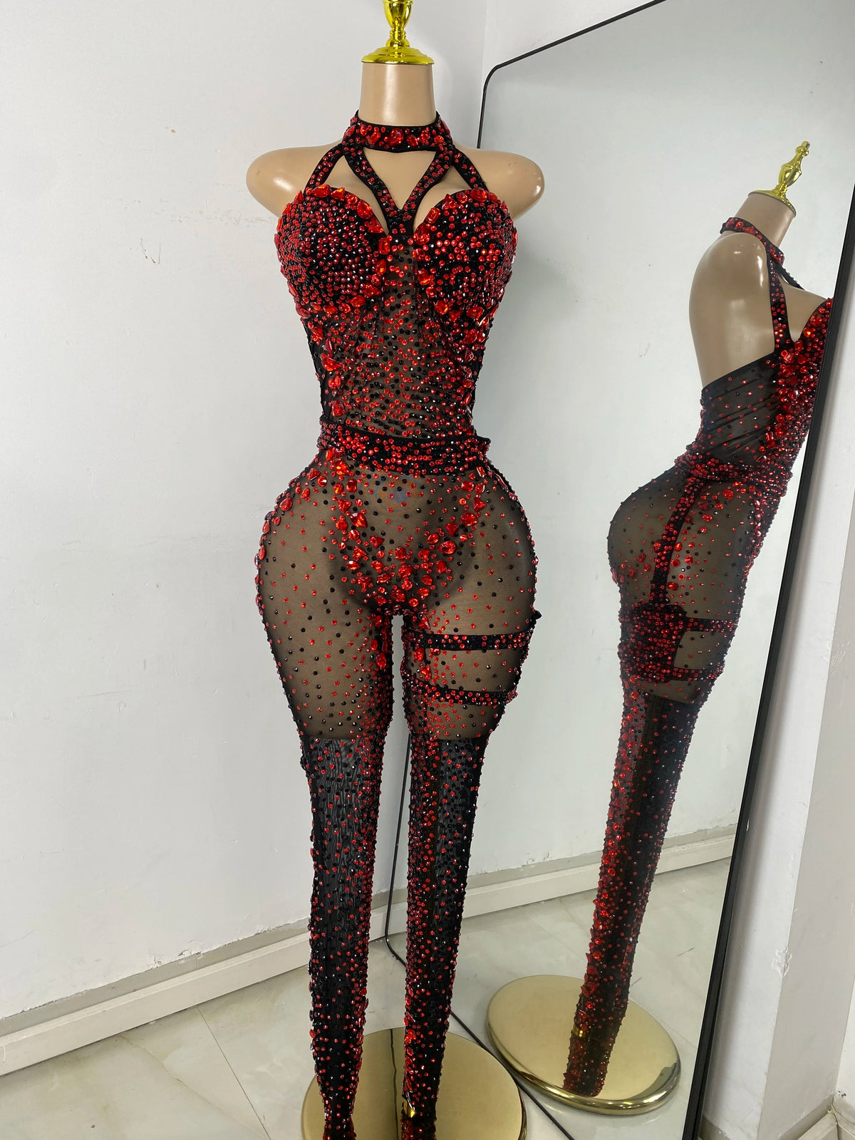 Sparkly Diamonds Women Long Sleeveless See Through Mesh Tight Jumpsuit Costume Nightclub Dancer Outfit Performance Stage Wear