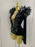 New Shiny Black Rhinestone Velvet Long Sleeve Bodysuit Women Evening Party Club Gala Hosts NightClub Bar Stage Costumes
