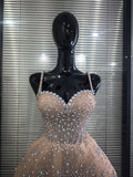 Luxury Women Sexy Strap Shining Rhinestones A-Line Mini Mesh Dress Cute Showgirl Performance Costumes TV Show Stage Wear