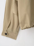 Women Khaki Hooded Cropped Zip‑up Jacket Faux Two‑inner Plaid Fabric Drawstring Bottom Coat Lady Autumn Casual Commute Outfits