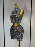 Sparkling Rhinestone Sexy See Through Blackless Top Skirt Two Pieces Set Woman Luxury Birthday Evening Party Gowns