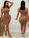 Metal Ring Hollow 2-Piece Set Women Irregular Skew Collar Crop Top+Peach Hip Skirt Matching Sexy Clubwear  Outfits