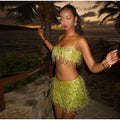 Women's Lime Green Sequined skirts Set 2 pieces sexy Spaghetti Strap Crop Top Mini Skirt with Tassel Lady Party Outfits