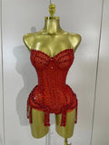 Women Sparkly Red Rhinestones Mesh Stretch Bodysuit Birthday Party Sexy Nightclub Bar Singer Dancer Performance Stage Costume