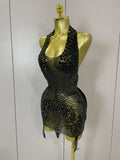Sexy Sparkly Rhinestones Halter Backless Mesh Velour Short Dress Women Evening Prom Celebrate Birthday Party Stage Wear