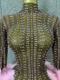 Red Pink Slim-fit Feather-Trimmed Sheer Dress Sexy Performance Costume Dance Party Singer Stage Nightclub Luxury Outfit