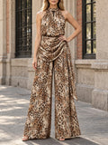 Leopard Print Two Piece Set for Women Halter Neck Sleeveless Keyhole Front Top Wide Leg Pants Draped Waist for Casual Daily