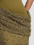 Glam Halter Cutout Maxi Dress for Women Solid Sleeveless Bodice Sequin Draped Wrap Skirt Back Slit for Evening Occasions