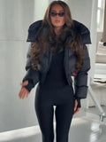Trendy Solid Hooded Zip Snap Button Short Puffer Jacket Women Slim Fit Cropped Outerwear Winter Casual Street Daily Holiday Wear