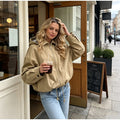 Khaki Hooded Cropped Jacket Faux Two‑inner Zip‑up Plaid Fabric Drawstring Bottom Women Coats Spring Autumn Casual Daily Outfits
