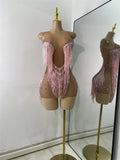 Sexy Mesh See Through Rhinestones Two Pieces Dress Coat Sets Women Sparkly Tassels Performance Singer Dancer Stage Costume
