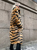 Women Tiger Striped Faux Fur Long Coat Lapel Fluffy Plush Luxury Oversized Overcoat With Side Pockets Winter Warm Outerwear 2026