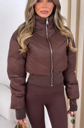 Women Cropped Puffer Jacket Stand Collar Full Zip Long Sleeve Ribbed Hem Warm Slim Fit Winter 2026 Lady Daily Casual Outerwear