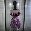 Purple Color Women Sexy Shining Rhinestones Mesh See Through Bodycon Mini Dress Sequined Celebrate Nightclub Party Birthday Wear