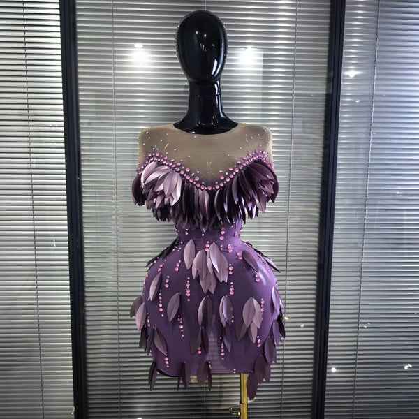 Purple Color Women Sexy Shining Rhinestones Mesh See Through Bodycon Mini Dress Sequined Celebrate Nightclub Party Birthday Wear
