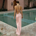 Thin Strap Diamond Back Women Maxi Dress Round Neck Cut Out Irregular Back Buckle Detail Fitted Waist Floor Length Long Dress