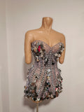 Sparkly Gold Rhinestone Sequins Sexy Strapless Mesh See Through Mini Dress Women Eveing Birthday Party Nightclub Stage Costume