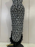Luxury Sparkly Diamonds Feathers Black Halter Asymmetry Long Dress Women Sexy Sleeveless Backless Evening Party Birthday Dresses