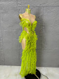 Luxurious Vibrant Ruffled Sheer Crystal-Embellished Pattern Gown Sexy Performance Costume Nightclub Glamorous Formal Event Gown