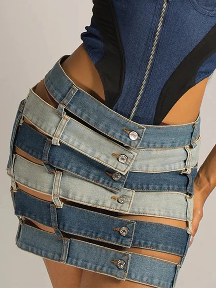 Slimming Sexy Irregualar Skirt For Women High Waist Holloe Out Patchwork Buttons Temperament Denim Skirts Female