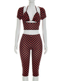 Sexy Fashion 3 Piece Set Woman Polka Dot Print Halter Bra Tops+Low-Neck Mini Sleeve Tees+Skinny Crop Pants Outfits