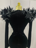 New Shiny Black Rhinestone Velvet Long Sleeve Bodysuit Women Evening Party Club Gala Hosts NightClub Bar Stage Costumes