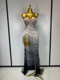 Women Sexy Strapless Rhinestone Tassels Maxi Long Dress Luxury Birthday Party Bar Nightclub Celebrity Stage Performance Outfit