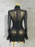 Madam Elegant See-Through Tulle Mesh High Halter Cross Twisted Waist Cut Out RuchedMini Dress Flared Cuff Ruffle Night OutOutfit