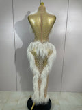 Sparkly Pearl Tassel Mesh See Through Long Dress Women Sexy Luxury Birthday Prom Party Nightclub Singer Stage Costume
