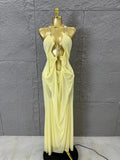 Sexy Halter Neck Maxi Dress Crystal Chain Cutout Ruched Women Sheer Mesh Form Outfit Glamorous Evening Gala Party Costume
