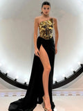 New Fashion Gold Color Laced-up Tops 2 Pieces Bodycon Floor-length Dress Elegant Evening Party Celebrate Dress Vestido